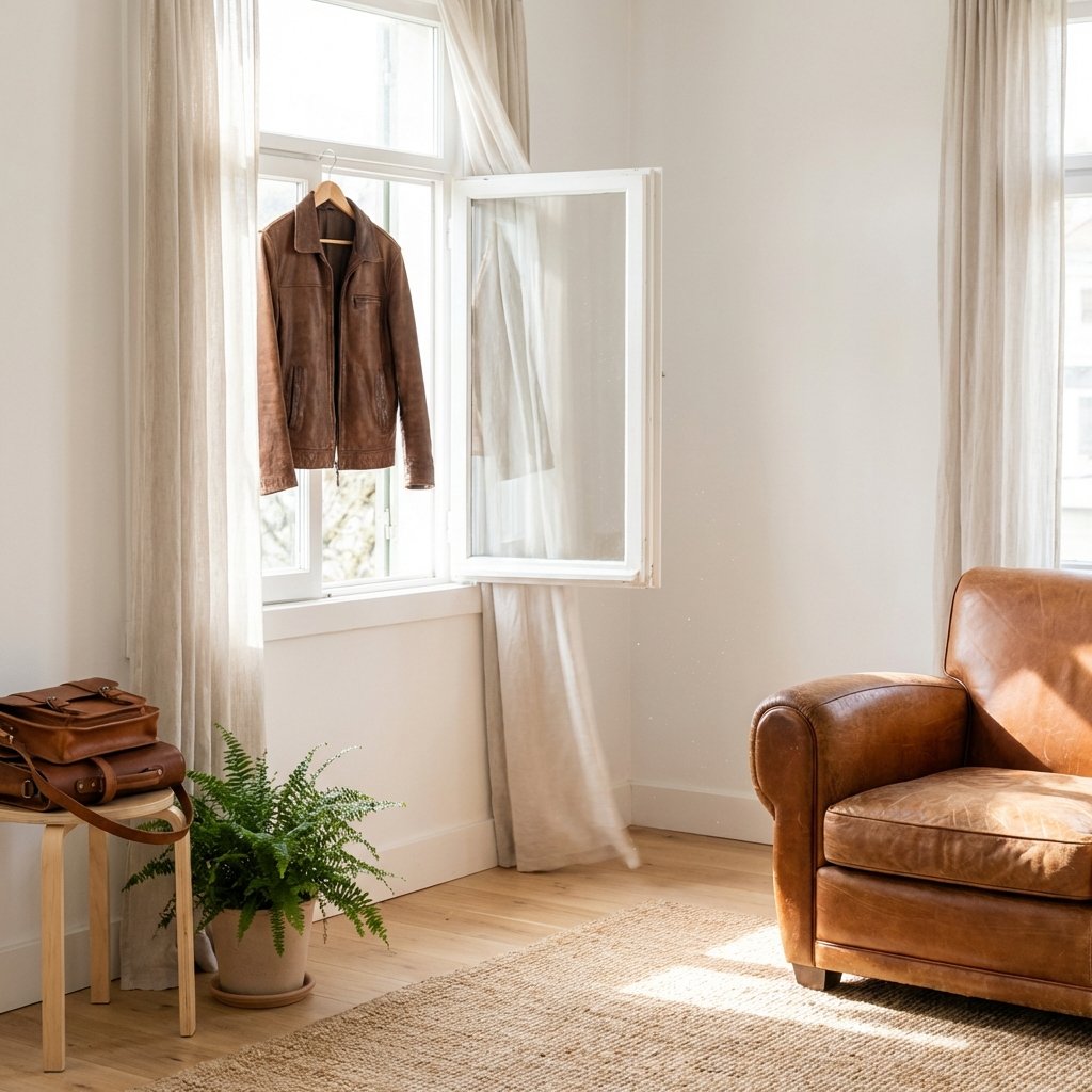 A bright, airy scene depicting various leather items undergoing ventilation. A classic leather jacket hangs on a hanger near an open window, with a gentle breeze subtly ruffling it. In the foreground, a part of a sophisticated leather armchair is placed in a well-lit corner of a room, suggesting good air circulation. The scene should convey a sense of freshness and cleanliness, highlighting the initial and crucial step of natural air purification. Professional lifestyle photo with soft, natural lighting, emphasizing warmth and inviting atmosphere.