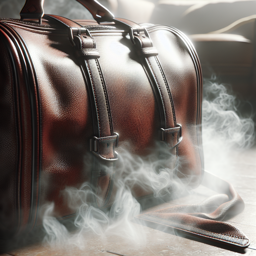 A realistic photograph of a stylish leather handbag or a section of a leather jacket, subtly enveloped in a faint, wispy smoke haze, conveying an unpleasant odor. The leather should look rich and textured, with soft, natural lighting, suggesting an indoor setting.