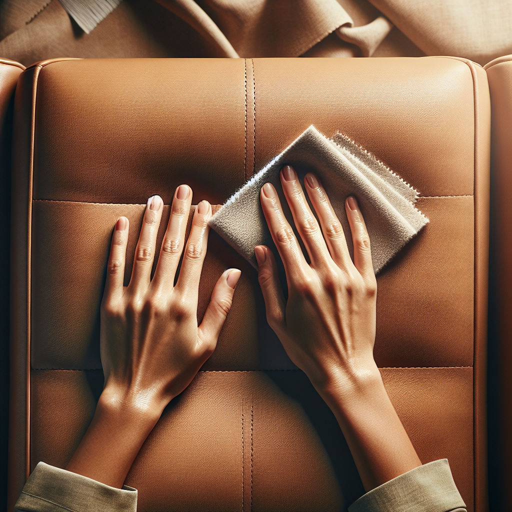 A close-up, top-down photograph of hands gently cleaning a section of a clean, light brown leather sofa or a smooth leather item with a soft, damp cloth. The scene should evoke freshness, care, and the process of restoring the leather, with bright, natural lighting.
