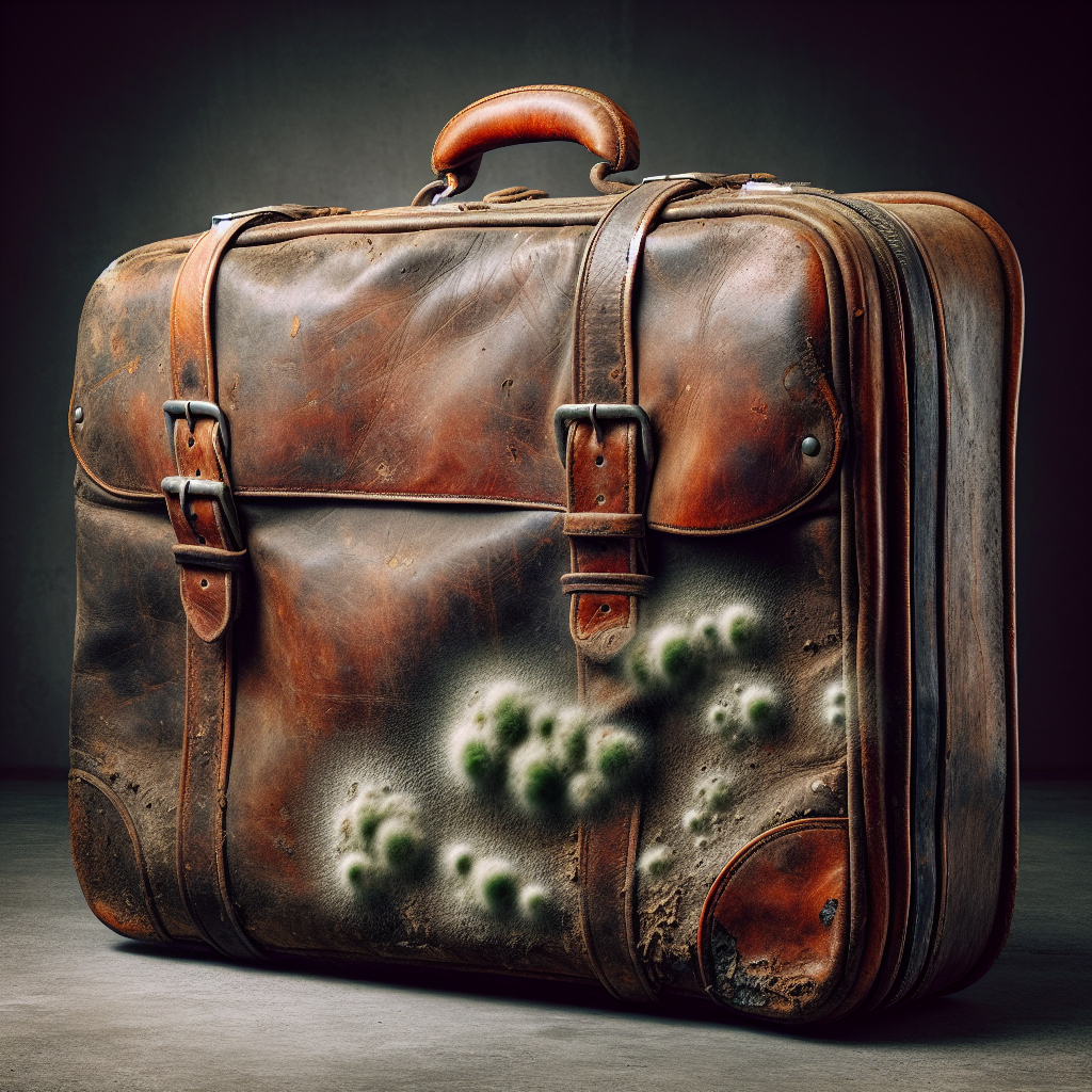 A close-up, detailed shot of an old, worn leather item, like a vintage suitcase or a pair of boots, with subtle green-white mold patches visible on its surface, hinting at dampness and neglect. The background is slightly blurred and dim, emphasizing the problem. Photorealistic, high detail.