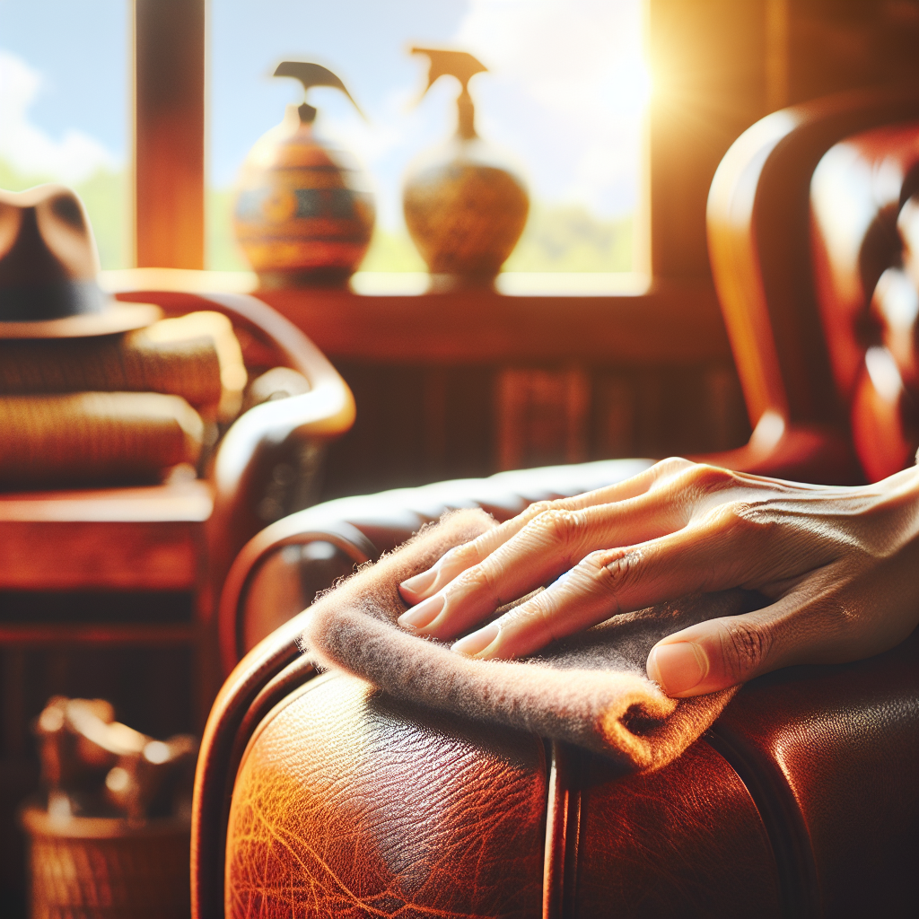 A bright, clean image of a hand gently wiping down a piece of elegant leather furniture or a leather bag with a soft cloth, in a well-ventilated, sunlit room. The focus is on care, cleanliness, and the rich, restored texture of the leather, symbolizing prevention and freshness. Photorealistic, inviting atmosphere.