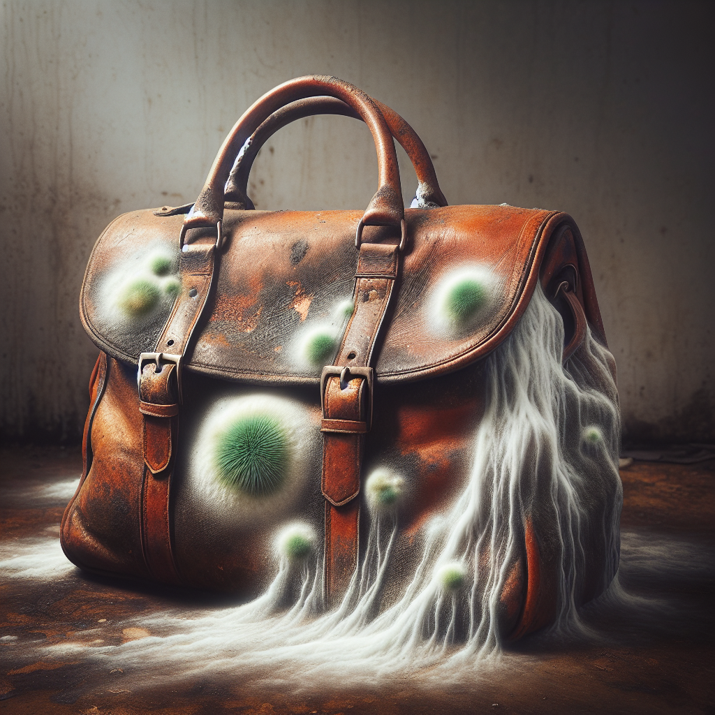 A close-up, high-detail photograph of an old, vintage leather handbag with visible patches of white and green mold on its surface. A subtle, transparent, dark-colored cloud or wavy lines are emanating from the moldy areas, visually representing an unpleasant musty smell. The background is softly blurred, suggesting a damp, forgotten corner. Realistic, atmospheric.