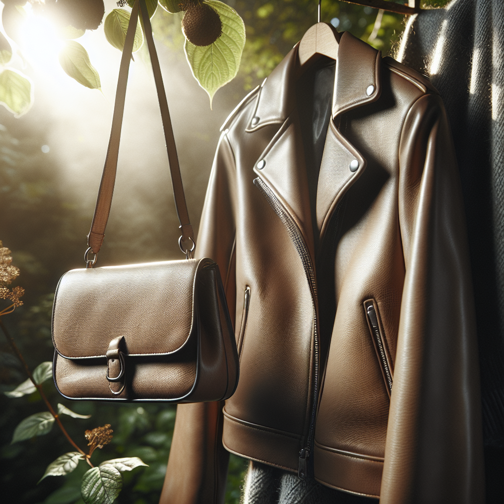 A stylish leather jacket or a small leather bag gently hanging outdoors in a softly shaded, airy environment. Subtle sunlight filters through leaves, suggesting a fresh breeze and natural ventilation, with a focus on the leather's texture.