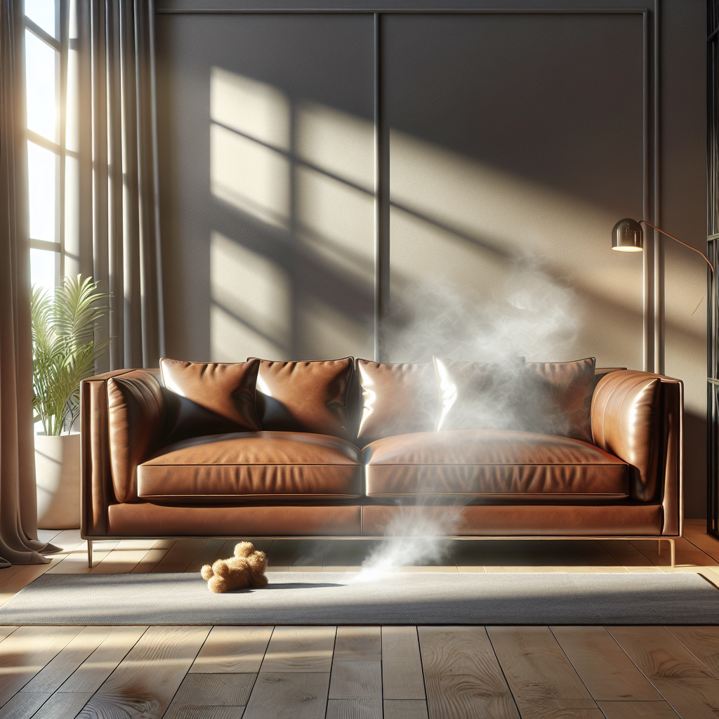 A luxurious, elegant brown leather couch in a sunlit, modern living room. A faint, almost transparent wisp of unpleasant odor abstractly represented as a subtle, desaturated haze subtly emanates from a cushion. A small, neatly placed dog toy lies on the floor nearby, hinting at the source. Realistic, high-quality photography, clean aesthetic.