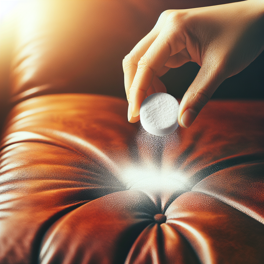 Close-up, top-down shot of a human hand gently sprinkling white powder, like baking soda, over the surface of a clean, rich brown leather couch. Soft, warm sunlight streams across the scene, symbolizing freshness. The background is blurred, focusing on the hand and the leather. Realistic photography, bright, clean, and inviting atmosphere.
