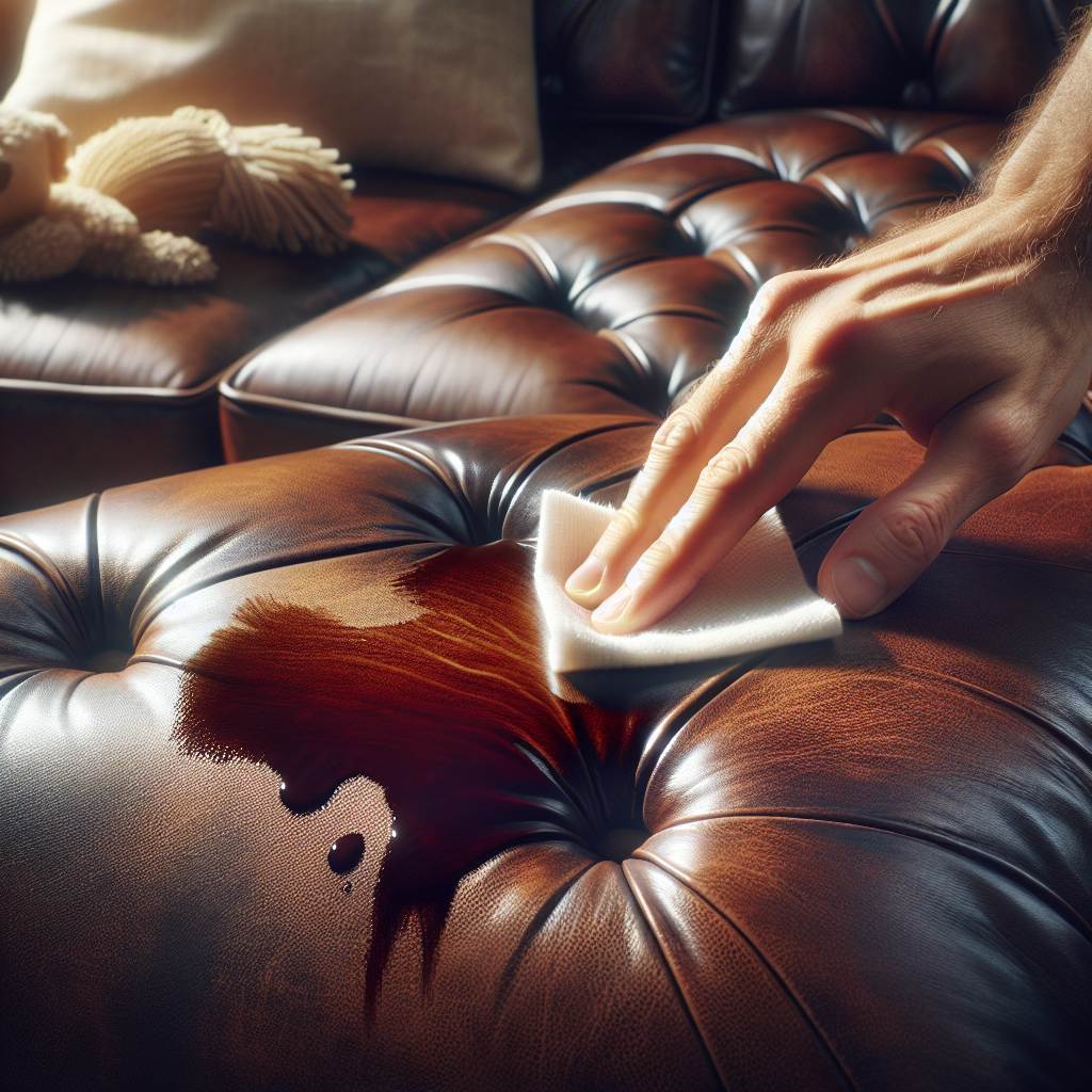 A close-up of a human hand gently dabbing a fresh, dark coffee stain on a rich, dark brown leather sofa with a soft white cloth. The leather has a fine grain and reflects soft natural light. The scene conveys care and attention, with a slightly blurred background of a cozy living room. Photorealistic, high detail.