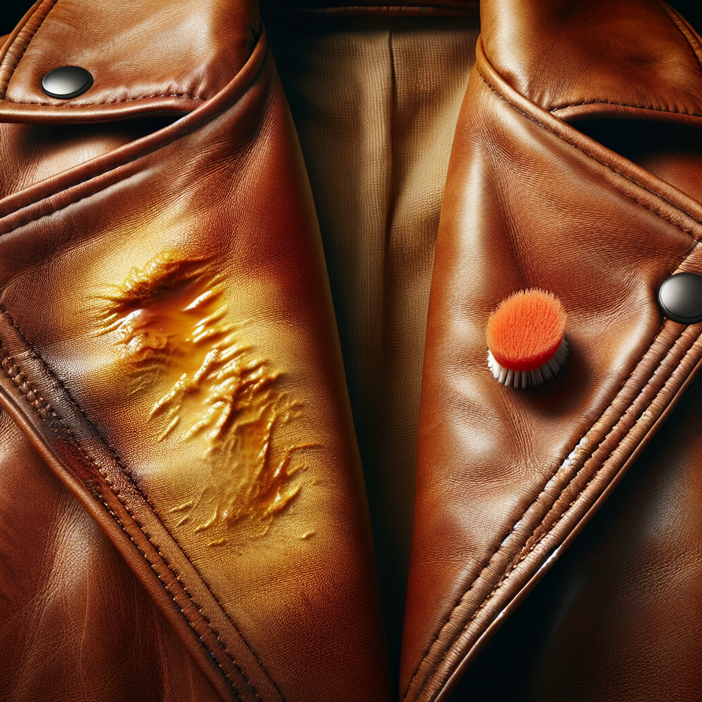 A pristine, close-up shot of a section of a vintage caramel-colored leather jacket. One part of the jacket clearly shows a small, dried grease stain, while an adjacent part is perfectly clean, smooth, and gleaming subtly, highlighting the restored beauty of the leather. The image emphasizes texture and light, suggesting a successful cleaning process. Studio lighting, highly detailed, professional product photography style.