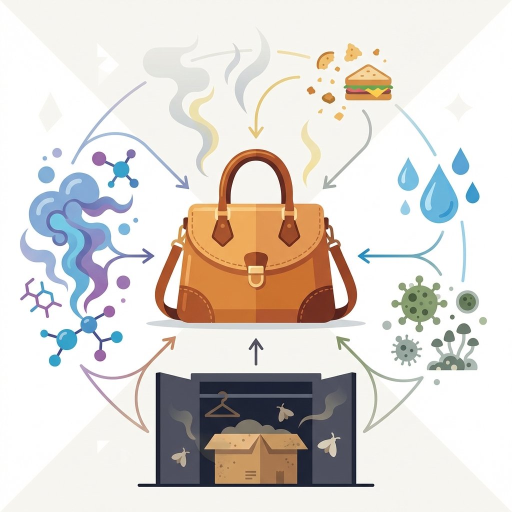 A vibrant flat illustration depicting a stylish leather handbag as a central element. Around the bag, various abstract visual icons represent common odor sources: swirling chemical fumes (for new bag smell), water droplets and green/grey mold spores (for moisture/schimmel), a semi-open, slightly dusty cardboard box or dark, cramped closet (for storage issues), and faint, wispy smoke or tiny food particles (for everyday use smells). The overall composition should be clean and diagrammatic, using a palette of warm leather tones contrasted with cooler accent colors for the odor elements, suggesting the different origins of unpleasant smells.