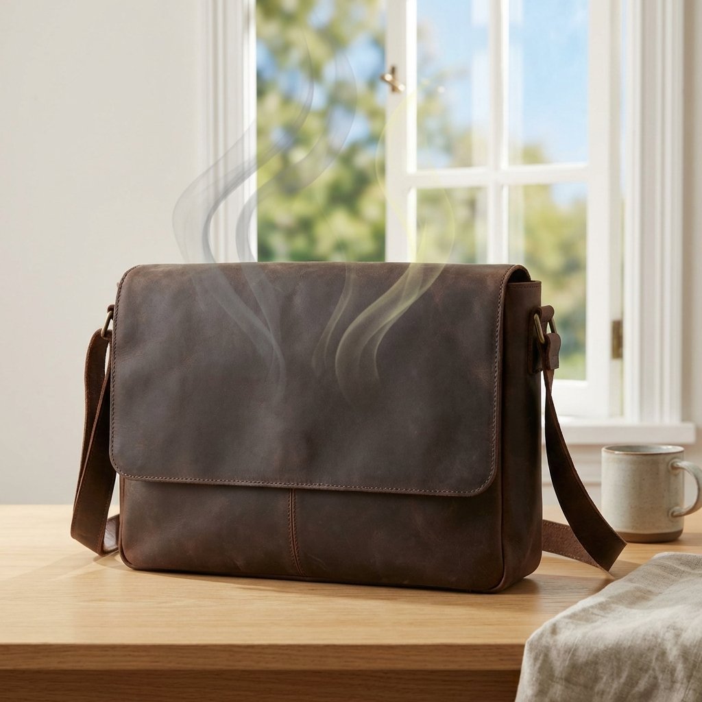 A professional, bright product photo showcasing an elegant, well-crafted leather messenger bag or tote bag. The bag appears slightly dull or muted, with subtle, ethereal, wavy lines emanating from its surface, hinting at an unseen, unpleasant odor. In the background, out of focus, a partially open window reveals a glimpse of fresh, sunlit nature, perhaps a hint of green leaves or blue sky, symbolizing ventilation and freshness. The image should convey a sense of anticipation for a solution, with the leather's texture and craftsmanship still evident, despite the implied issue.