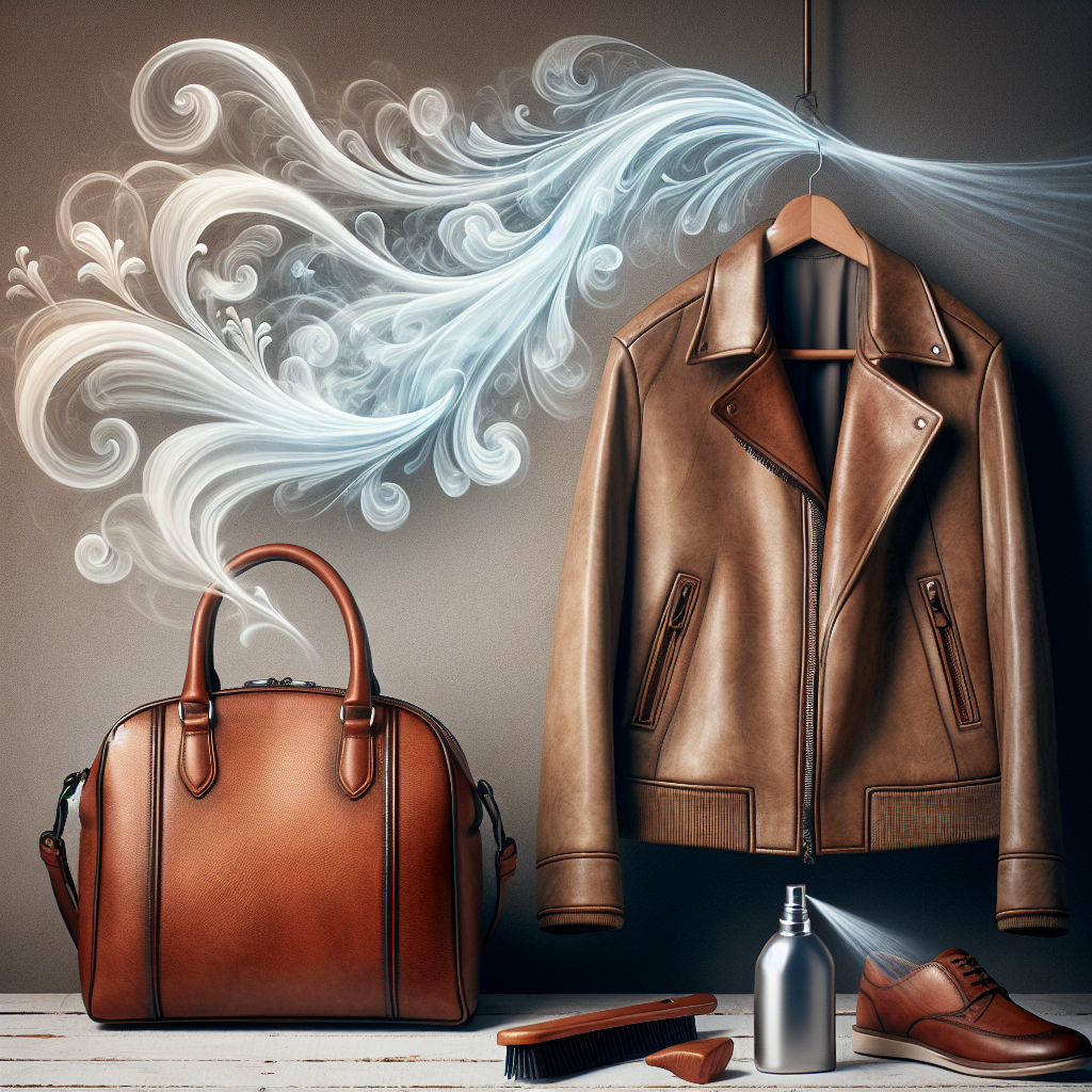 A stylish, well-crafted leather handbag or a vintage leather jacket, set against a clean, minimalist background. Subtle, wispy visual elements representing unpleasant odors are dissipating from the leather, transforming into crisp, clean air depicted by soft, translucent swirls of light blue and white. The overall mood is fresh and revitalized, emphasizing odor removal and cleanliness. High-quality photography style, focus on texture and light.