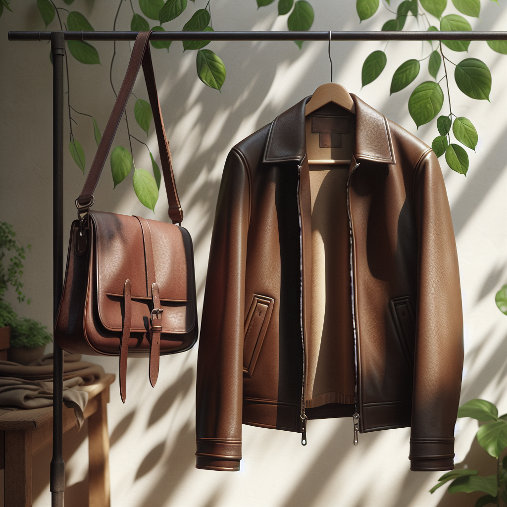 A classic brown leather jacket or an elegant leather bag gently hanging outdoors on a wooden hanger, shaded by green leaves of a tree. A gentle breeze is subtly visible, indicating airing out. The background is a soft-focus, serene garden or balcony with natural light, conveying freshness and a sense of calm. Realistic, bright and airy photography style.