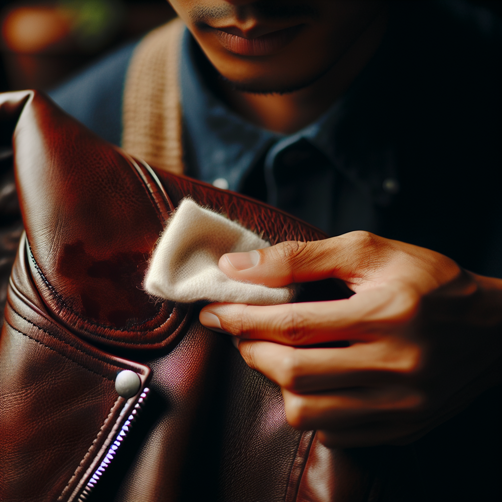 A close-up shot of gentle hands carefully dabbing a small, fresh stain on a classic, dark brown leather jacket with a soft, clean white cloth. The rich texture of the leather is prominent, and the scene conveys a sense of careful restoration and attention to detail. Soft, natural lighting.