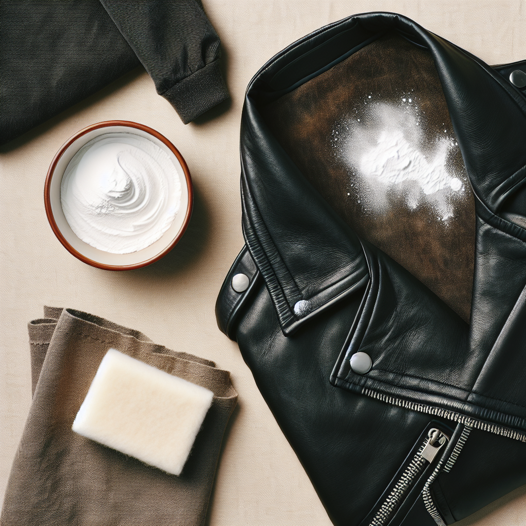 A stylish, slightly elevated flat lay showing a pristine black leather jacket with a subtle, visible grease stain on one sleeve. Next to it, a small, open container of white powder (like baby powder or cornstarch) and a clean, soft cloth are neatly arranged, suggesting the cleaning process. The image has a bright, clean aesthetic with focus on the leather's texture.