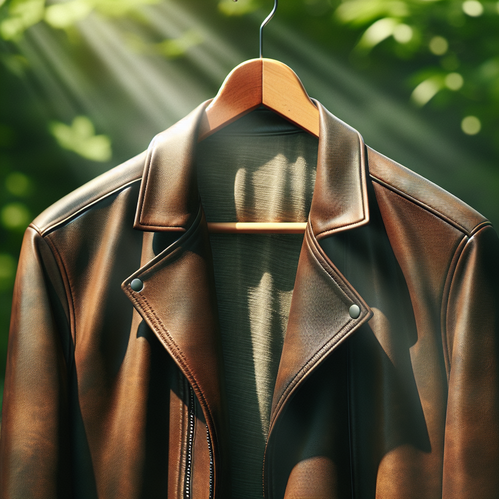 A classic, stylish dark brown leather jacket hanging outdoors on a wooden hanger, gently swaying in a fresh breeze. Sunlight softly illuminates the jacket, with a blurry background of green foliage, emphasizing cleanliness and natural air purification. Realistic photography style.