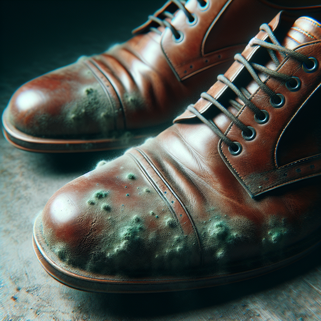 Ein nahaufnahme, hochauflösendes Foto von einem Paar klassischen braunen Leder-Herrenschuhe, die leicht vernachlässigt und feucht aussehen. Subtile, fast mikroskopische weiß-grüne Schimmelflecken beginnen sich auf dem Leder und im Schuhinneren zu bilden. Ein sehr leichter, durchscheinender, leicht beunruhigender Nebel oder Dunst stellt visuell einen muffigen, unangenehmen Geruch dar, der aus den Schuhen aufsteigt. Die Beleuchtung ist gedämpft und kühl und suggeriert einen feuchten, schlecht belüfteten Lagerraum wie einen Keller oder Schrank. Realistisch, leicht melancholisch, mit Fokus auf die Ledertextur und die subtilen Anzeichen von Verfall.