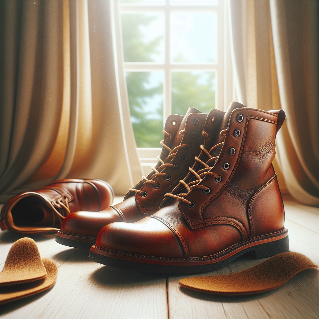 Ein hell beleuchtetes, hochwertiges Foto von einem Paar gut gepflegter brauner Lederstiefel oder -schuhe, deren Einlegesohlen entfernt und Schnürsenkel geöffnet sind. Sie stehen auf einer sauberen, hellen Holzoberfläche vor einem geöffneten Fenster, durch das weiches, natürliches Tageslicht hereinströmt. Eine sanfte, frische Brise wird angedeutet, vielleicht mit einem zart wehenden Vorhang im Hintergrund. Die Gesamtatmosphäre ist sauber, luftig und suggeriert korrektes Trocknen und Belüften. Betone die Textur des sauberen, trockenen Leders. Realistisch, einladend und frisch.