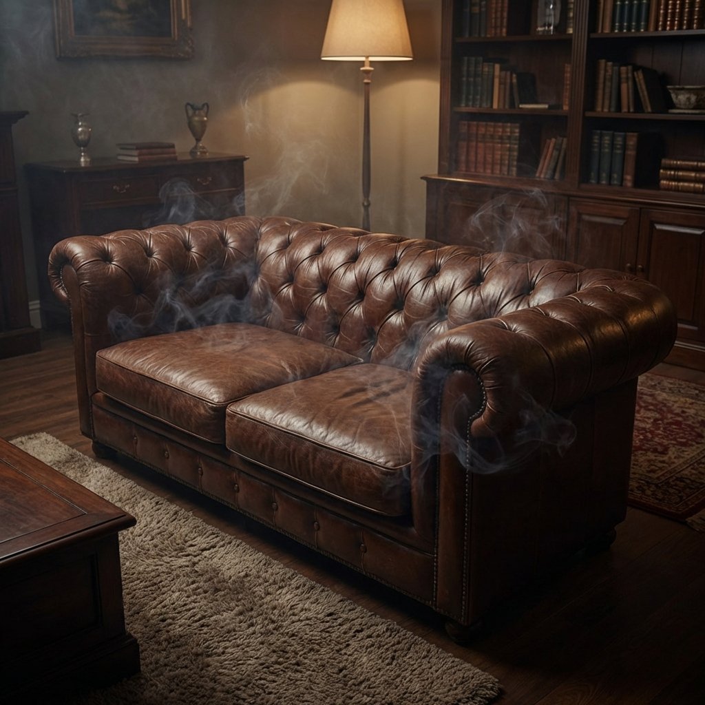 A luxurious, deep brown leather sofa sits in a tastefully decorated living room. Subtle, wispy grey smoke-like tendrils are visually depicted permeating the sofa's surface and subtly swirling around it, symbolizing an unpleasant lingering odor. The scene has a slightly muted, heavy atmosphere, conveying the presence of an unwanted smell. The lighting is soft, highlighting the texture of the leather while hinting at a less-than-fresh environment. Professional photo style, realistic.