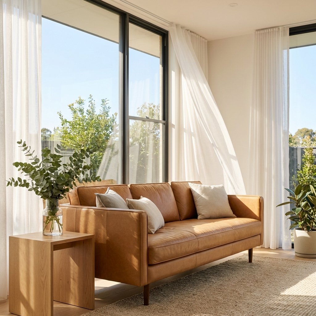 A modern, well-maintained leather sofa is positioned strategically near a large, open window in a bright living room. Sunlight streams in through the window, illuminating the sofa and creating a fresh, airy ambiance. A light, almost imperceptible breeze is suggested by subtly billowing sheer curtains. The overall impression is one of freshness and renewal, with clear, clean air visually dominating the space around the sofa. Professional photo style, bright and inviting.