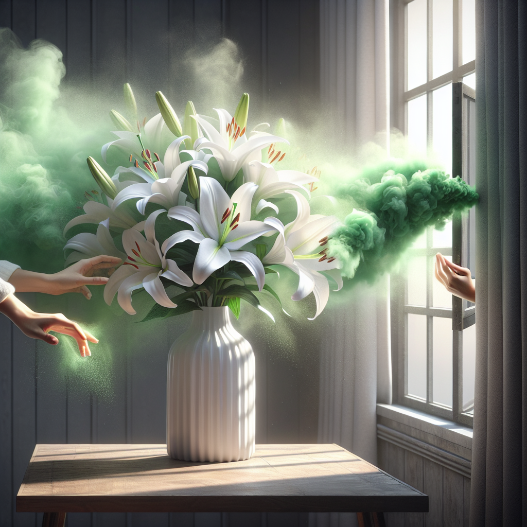 A beautiful white lily bouquet in a modern vase, but the air around it is visibly dense with an overwhelming, almost suffocating green mist representing its intense scent. A human hand is actively opening a window wide in the background, suggesting immediate relief and the need to ventilate. The mood is a mix of beauty and a slight sense of being overwhelmed, transitioning to action. Photorealistic, soft natural light.