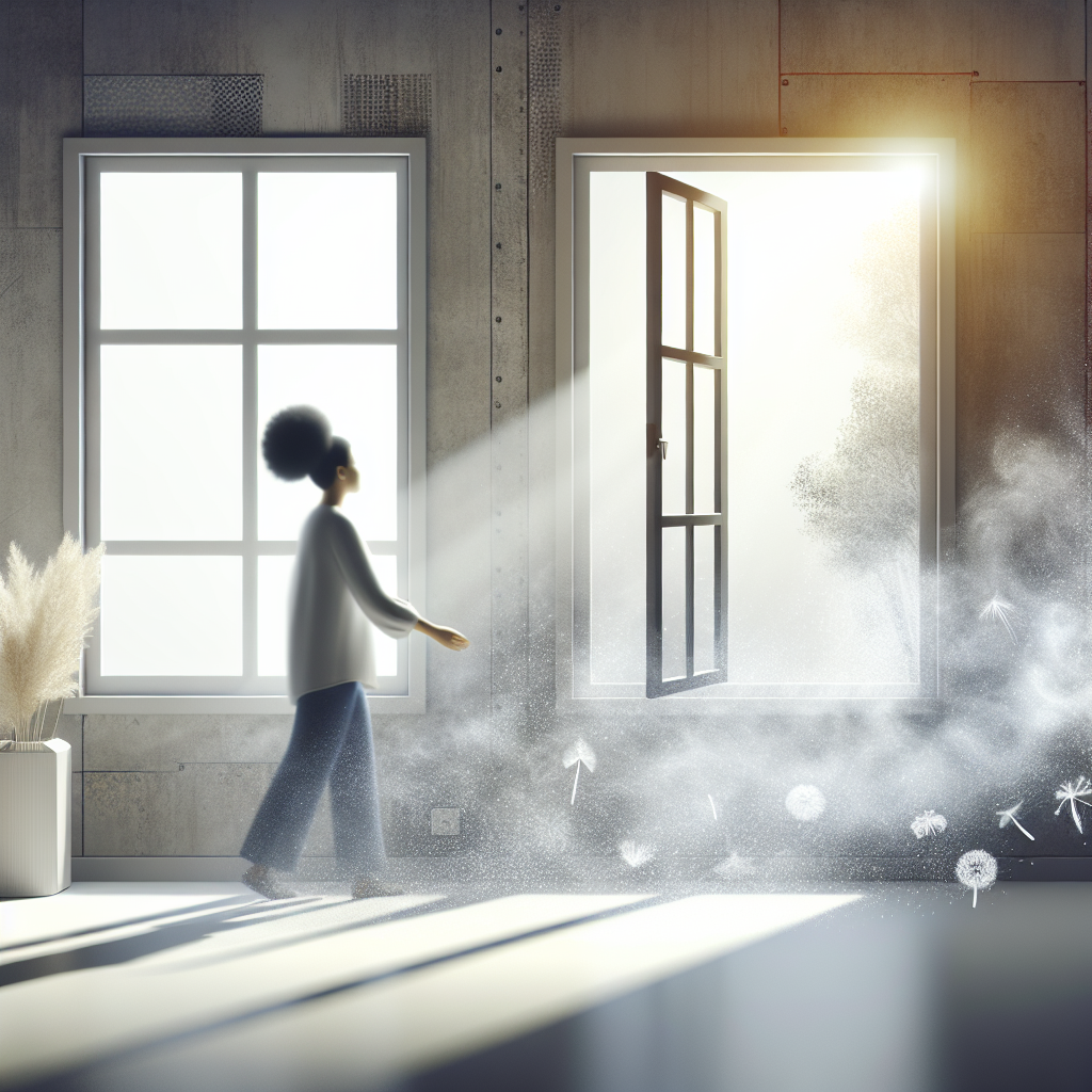 Ein helles, modernes Zimmer, in dem ein leichter, diffuser Schleier in der Luft zu sehen ist, der einen unangenehmen Lösungsmittelgeruch andeutet. Eine Person öffnet ein großes Fenster weit, lässt frische, klare Luft und helles Sonnenlicht hereinströmen. Der Schleier löst sich auf und weicht einem Gefühl von Reinheit und Erleichterung. Im Hintergrund sind eventuell leichte Spuren einer kürzlichen Renovierung (z.B. eine abgedeckte Stelle) zu sehen. Realistisch, mit Fokus auf die Luftqualität und den Übergang von muffig zu frisch.