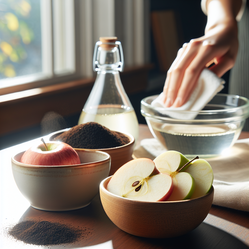 Eine Nahaufnahme eines Tisches mit einer Auswahl an Hausmitteln zur Geruchsbeseitigung: eine Schale mit frisch geschnittenen Apfelscheiben, eine Schale mit Kaffeepulver und eine offene Schale mit weißem Essig. Im leicht unscharfen Hintergrund ist ein Fenster geöffnet, und man sieht eine Hand, die eine Oberfläche abwischt, um Rückstände zu entfernen. Die Szene vermittelt ein Gefühl von Sauberkeit, Frische und praktischer Hausmittelanwendung.