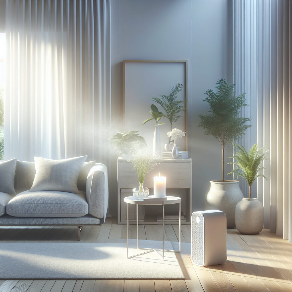 A bright, tranquil living room bathed in soft, natural light, symbolizing fresh, clean air. A gentle, almost imperceptible mist of purity permeates the space, creating a sense of well-being. On a minimalist side table, a sleek air purifying device or an elegant scented candle hints at the source of this freshness. The overall feeling is one of calm, cleanliness, and revitalization, free from any visible odors, emphasizing a healthy home environment.