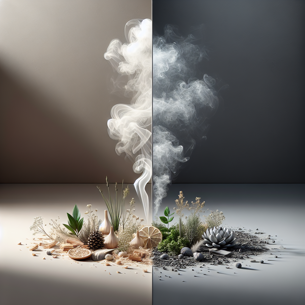 A visually striking split image in a modern, clean home: on one side, swirling, faint grey smoke representing unpleasant odors dissipates into thin air, while on the other side, bright, clean, and vibrant air with subtle light rays and natural elements (like a fresh leaf or dew drop) fills the space. The overall mood is one of purity and transformation from stale to fresh. High detail, realistic photography.