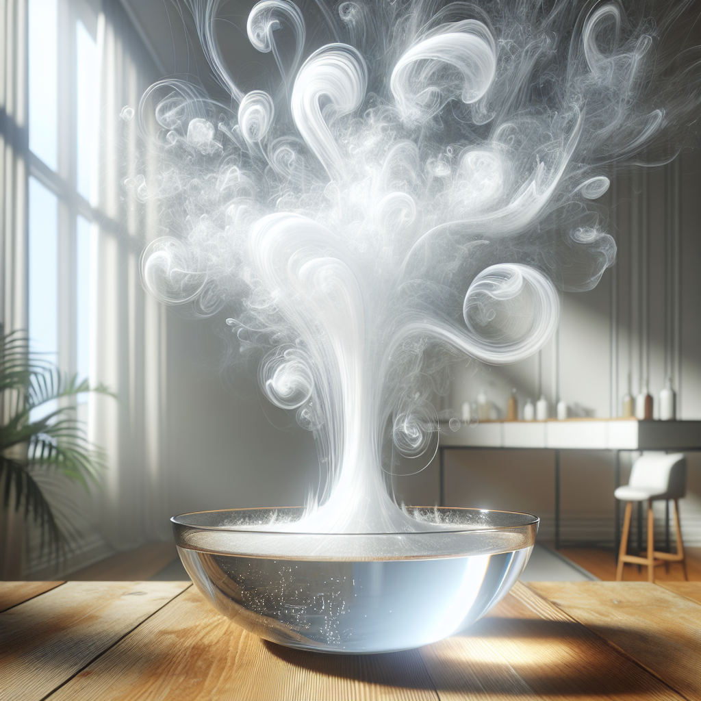 An elegant, conceptual image of a glass bowl with white vinegar on a sleek, minimalist wooden table in a sunlit room. Around the bowl, faint, abstract wisps symbolizing unpleasant odors are visibly being absorbed and neutralized, giving way to an aura of pristine, fresh air. The scene emphasizes natural light, cleanliness, and the quiet power of simple solutions. Artistic, high-key photography.