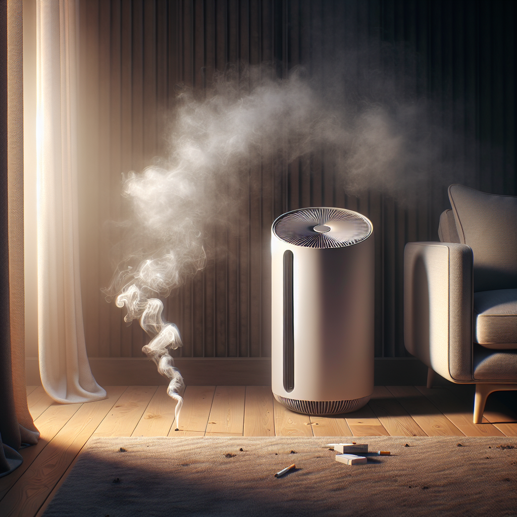 A modern, sleek air purifier stands prominently in a subtly smoky living room. Wisps of faint cigarette smoke are gently pulled towards the purifier, while the area immediately around it and behind it appears noticeably clearer and fresher. The smoke subtly clings to a nearby couch and curtains, creating a visual contrast. Realistic, with warm ambient lighting.