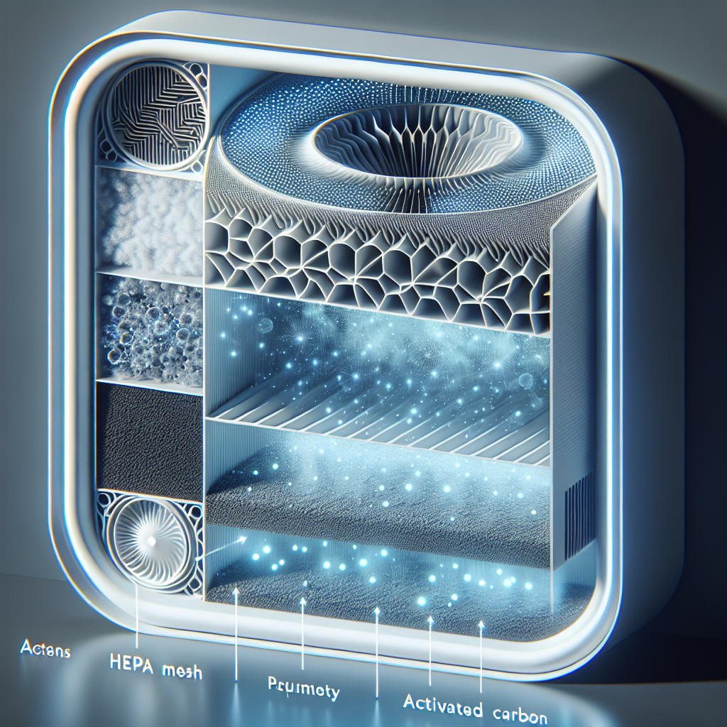 Close-up, conceptual image showing the internal mechanism of an air purifier actively filtering. Abstract visual representation of air flowing in, passing through distinct layers of glowing filters (one resembling a HEPA mesh, another porous activated carbon), and then emerging as pristine, fresh air with subtle light particles. High-tech, clean design with a light blue and white color scheme.