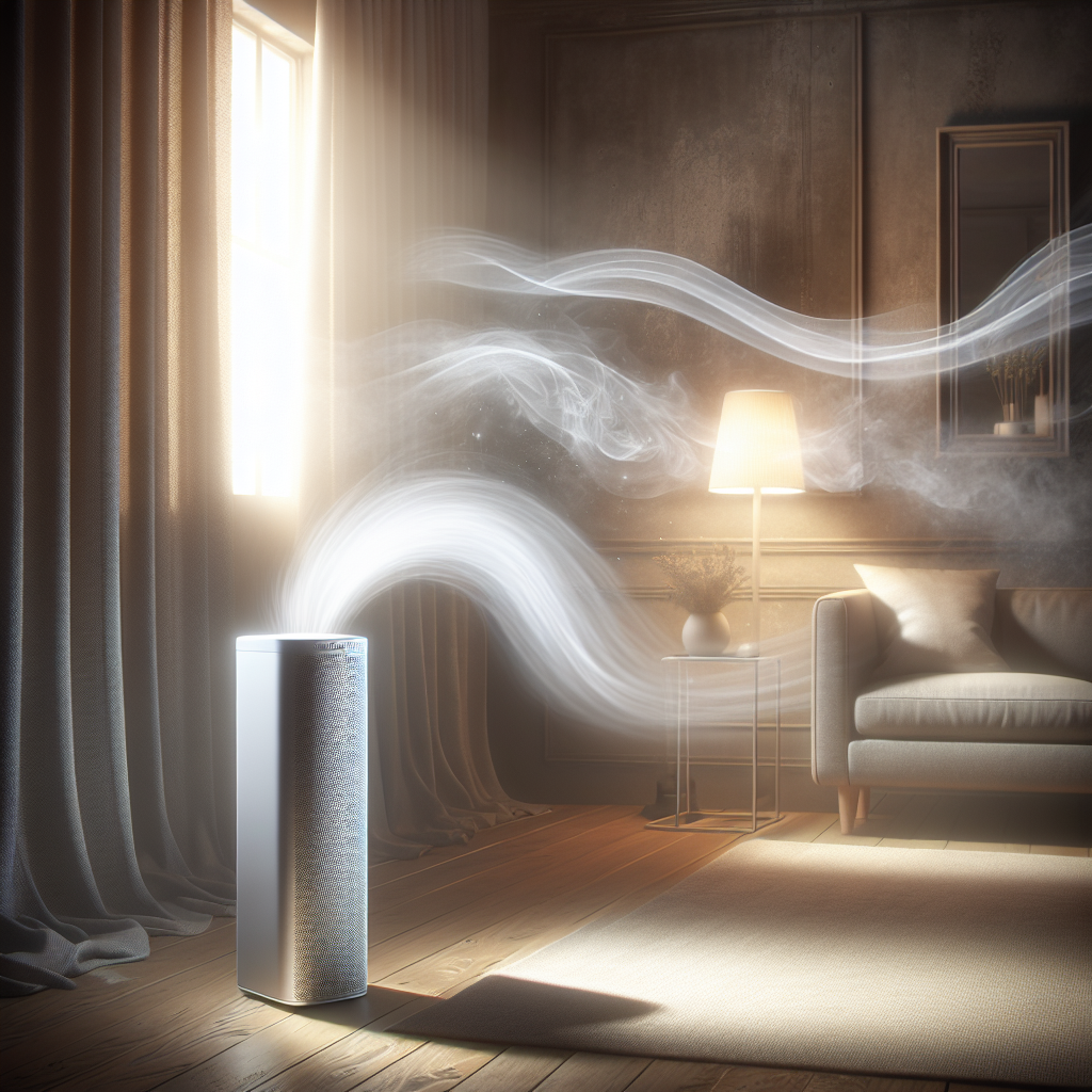 A modern, sleek air purifier stands in a cozy, slightly dim living room. Subtle, ethereal wisps of grey, musty air are receding into the background, while a bright, clean stream of fresh air visibly emanates from the air purifier, transforming the atmosphere. The room feels refreshed and inviting, with soft natural light entering through a window.