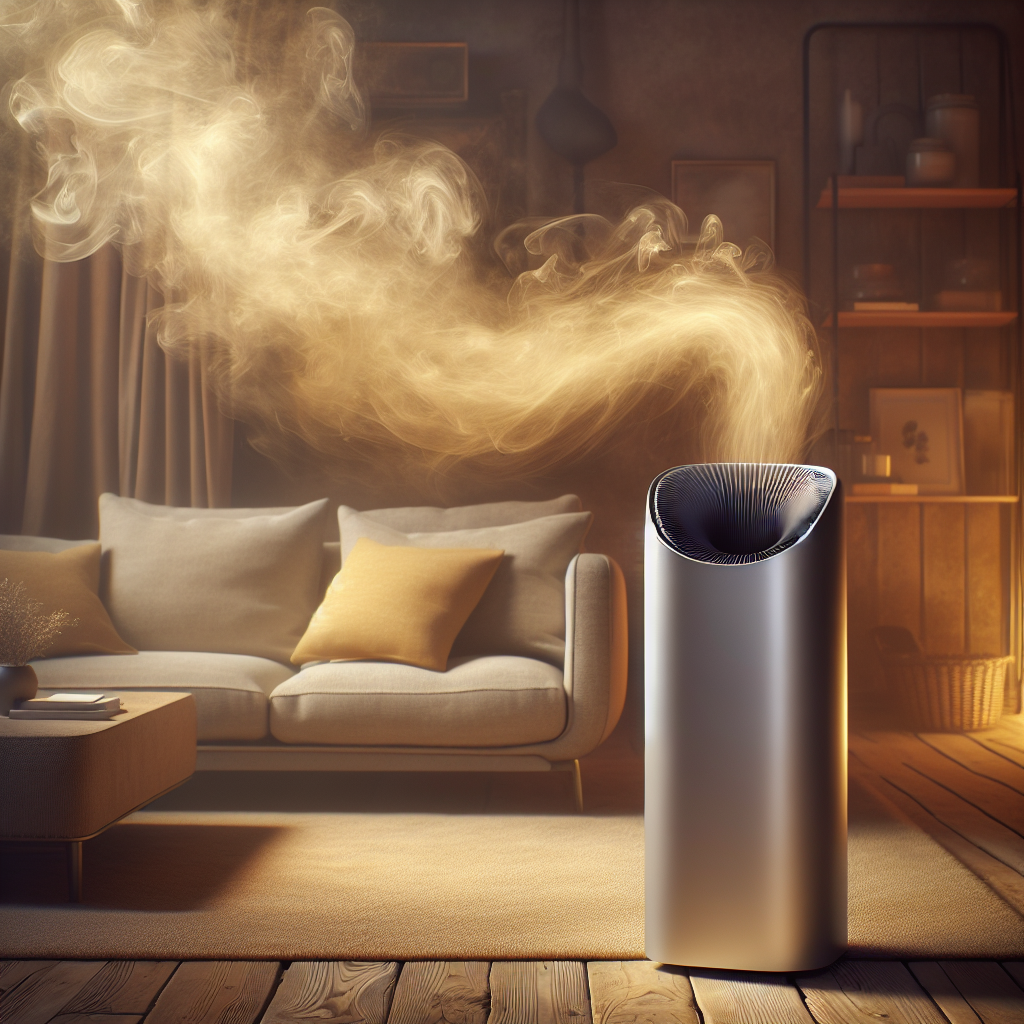 A cozy living room with a subtle, swirling yellowish-brown haze representing lingering nicotine smell. In the foreground, a modern, sleek air purifier stands prominently, actively emitting a visible stream of fresh, bright, and clean air, pushing back against the stale atmosphere. The scene captures the transition from old smoke to fresh air. Photorealistic, soft interior lighting.
