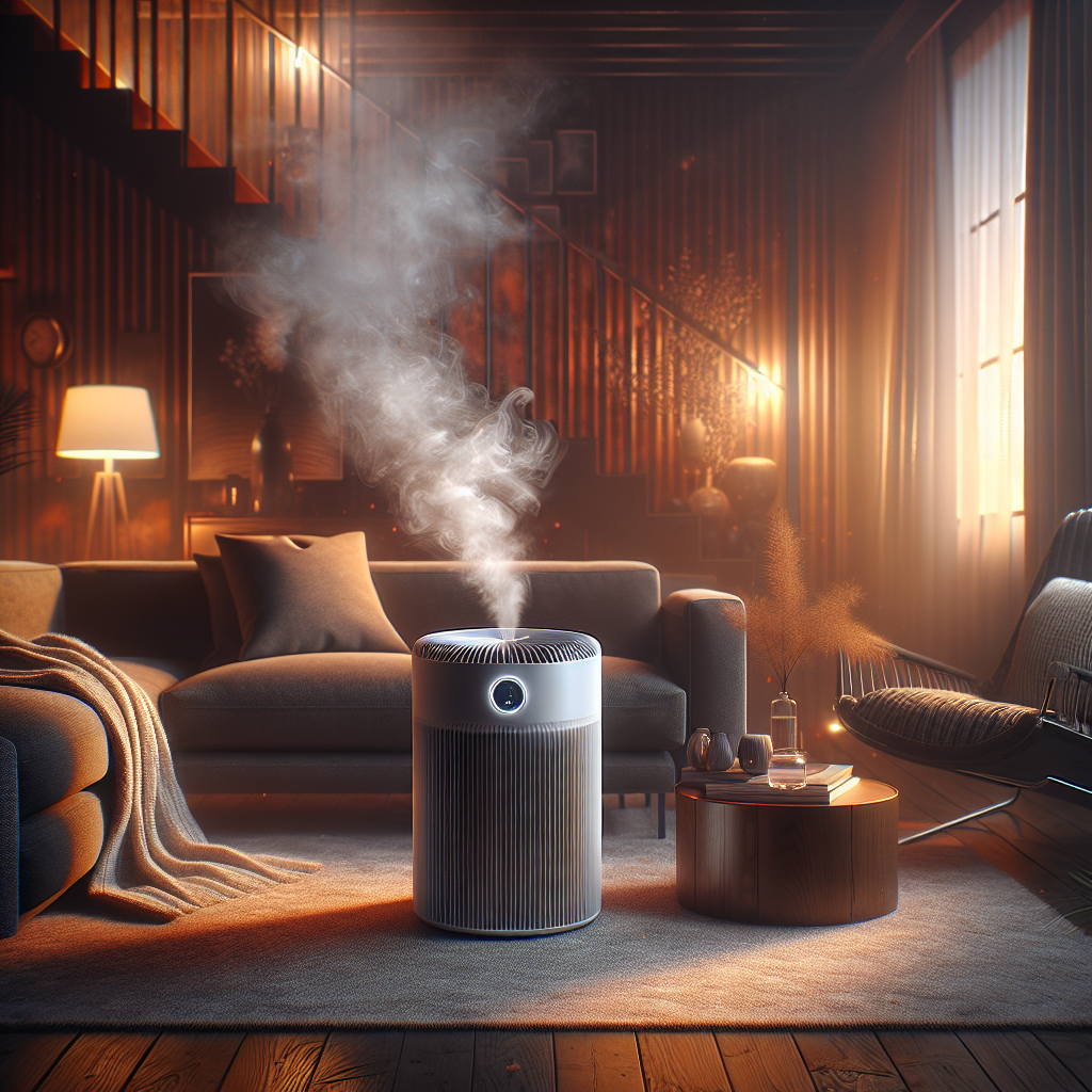 A cozy, slightly smoky living room with a modern, sleek air purifier positioned prominently. Wisps of smoke are visibly being drawn into the purifier, and a clear, fresh aura is subtly emanating from the device, contrasting with the remaining smoky atmosphere. The scene should convey the active process of air purification against a persistent smoke smell. Realistic photography, warm lighting, interior design.