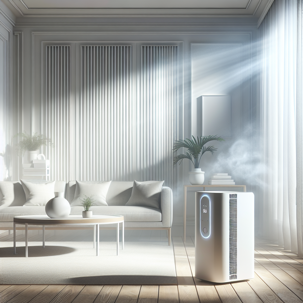 A bright, impeccably clean and airy living room, completely free of any smoke smell. A stylish, contemporary air purifier stands discreetly in the corner, symbolizing the maintenance of fresh air. Sunlight streams through a window, highlighting the purity of the air. The overall mood is calm, fresh, and inviting. Realistic, high-quality photograph, modern home interior.