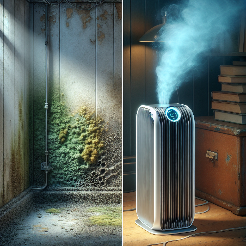 A modern, sleek air purifier stands prominently in a subtly damp, old-fashioned room corner, perhaps a basement. Unpleasant, grayish-green wisps symbolizing mold smell are visibly being drawn into the air purifier, while clear, fresh blue-tinted air gently emanates from it, transforming the atmosphere from stuffy to clean. Realistic, high-resolution photo, natural lighting.
