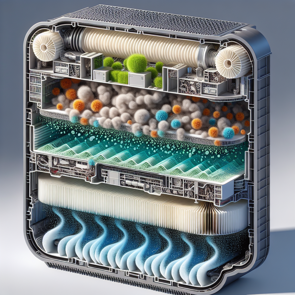 A detailed, cutaway illustration showing the internal mechanism of an air purifier. Microscopic mold spores and dark, wavy odor particles are visibly being trapped and absorbed by a multi-layered filter system, including a white HEPA filter and a black activated carbon filter. On the opposite side, clean, bright air flows out freely. Scientific, clean aesthetic.