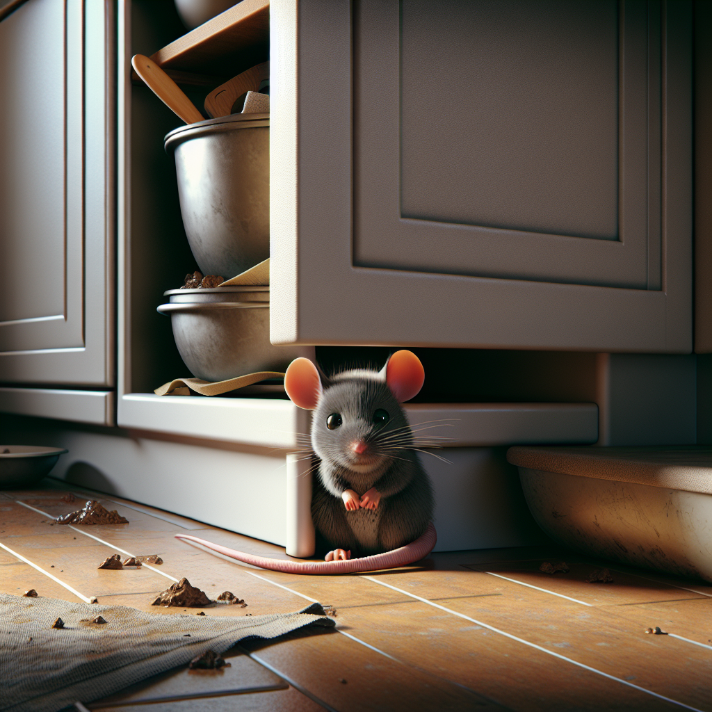 A small, realistic house mouse, half-hidden in the shadow behind a kitchen cabinet kick plate, looking out with a cautious expression. The room is slightly unkempt, suggesting a potential mouse infestation. The scene evokes a sense of something hidden and the potential for an unpleasant odor, without showing literal smell lines. Muted, realistic colors.