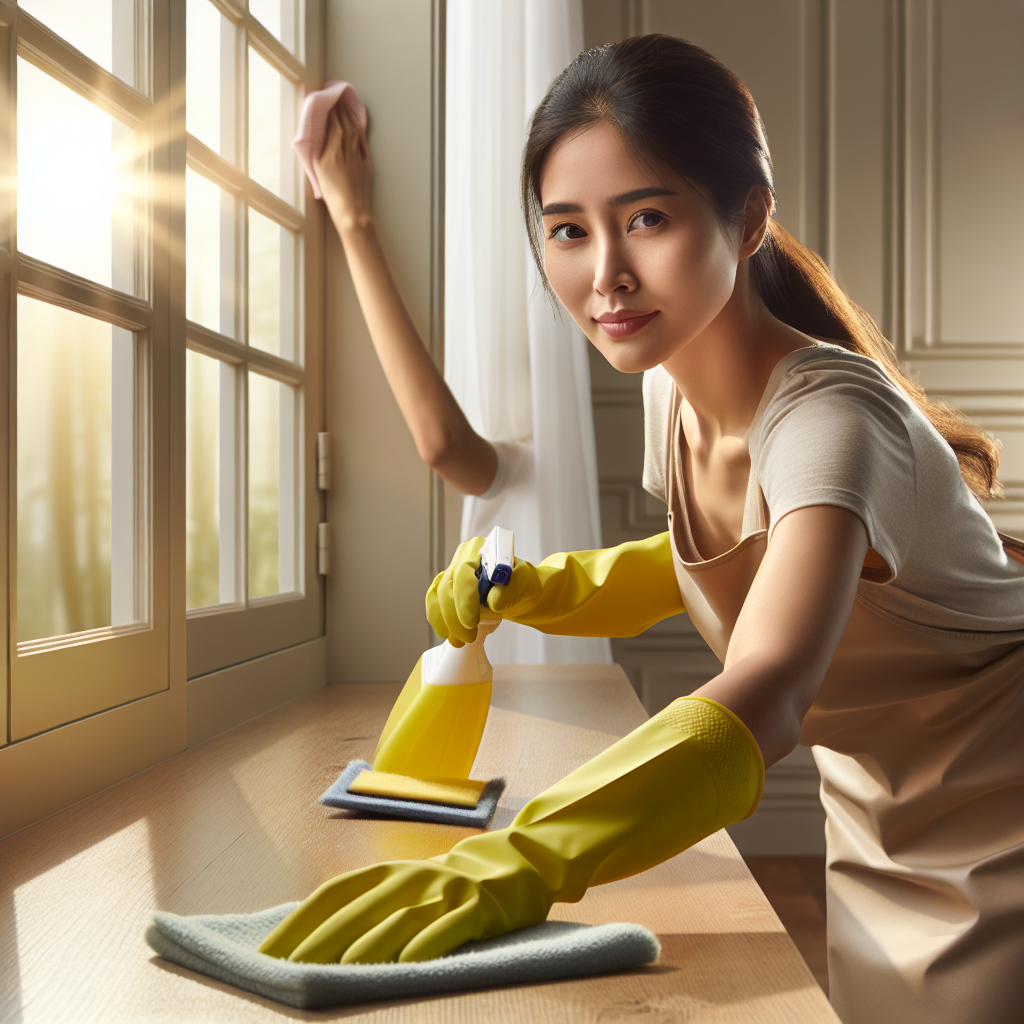 A brightly lit, clean room with a person wearing protective gloves and a determined expression, thoroughly wiping down a surface (e.g., a baseboard or a kitchen counter) with a cleaning cloth. An open window in the background allows fresh air and sunlight to stream in. The scene conveys effective cleaning and the removal of unpleasant odors. Clean, hopeful aesthetic.