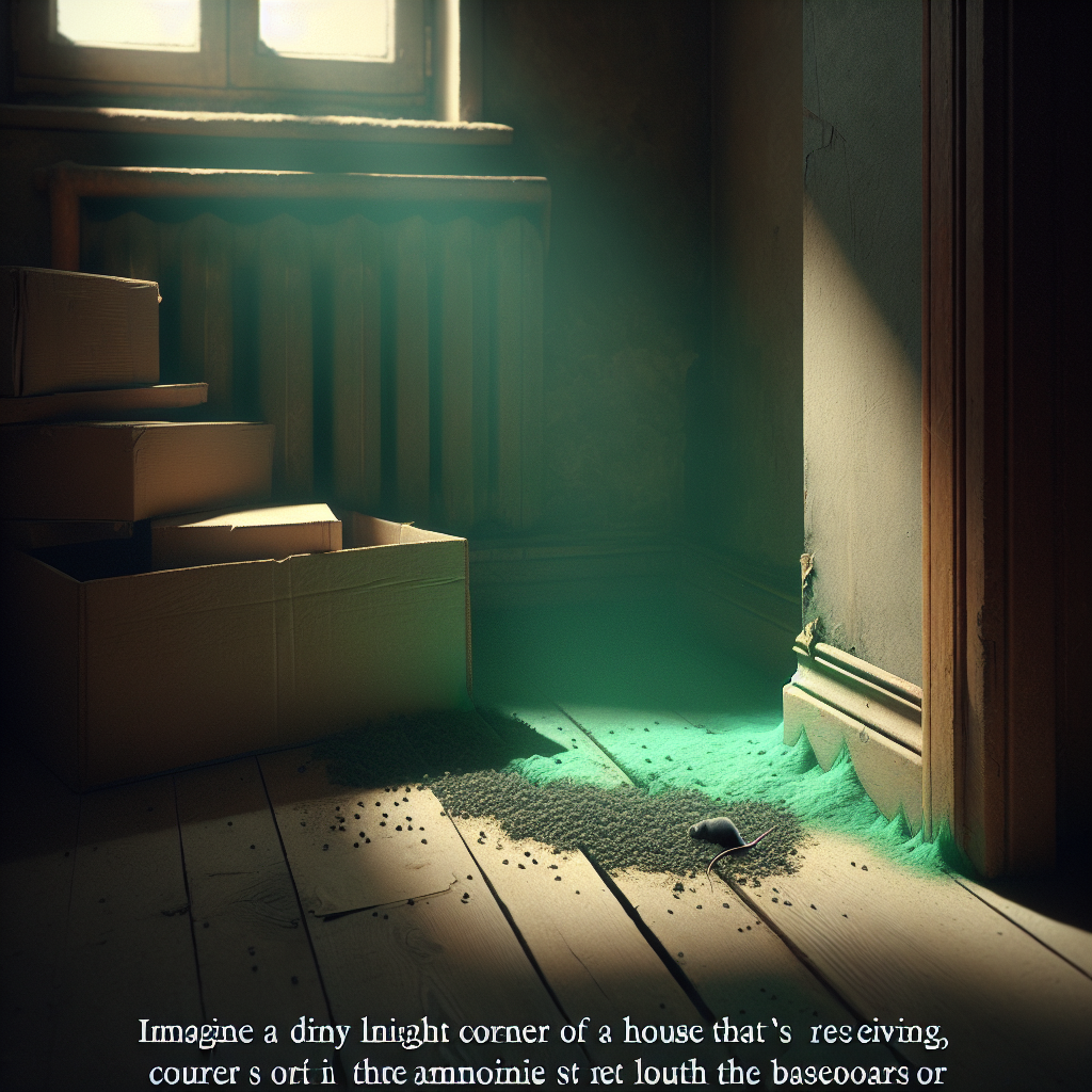 A visual representation of an unpleasant, pervasive mouse odor in a dimly lit, slightly neglected corner of a home. A subtle, greenish-brown haze seems to emanate from beneath a baseboard or from old boxes, hinting at a strong, persistent, ammoniac-like smell. No actual mice are visible, but a few tiny, dark droppings on the floor or a small chew mark on a piece of cardboard subtly indicate their presence. The overall mood is musty and unwelcoming, with a focus on conveying the bad smell, realistic photo.