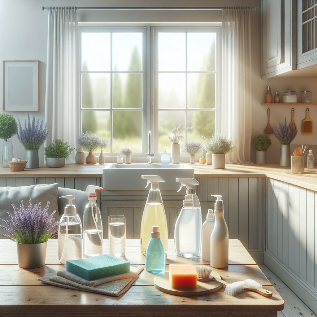 A bright, clean, and fresh home interior, possibly a kitchen or living room, with an open window allowing sunlight and a gentle breeze to enter. The space feels airy and sparkling clean, symbolizing successful odor removal. On a countertop or table, there are cleaning supplies like a spray bottle, a sponge, and a bottle of white vinegar, subtly indicating the cleaning process. The atmosphere is inviting and pleasant, conveying a sense of renewed freshness and cleanliness, realistic photo.