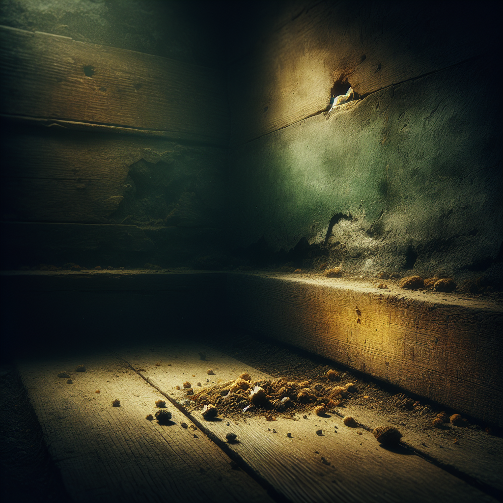 A close-up, atmospheric shot of a dimly lit corner in an old attic or basement. There are subtle, yellowish urine stains on a wooden floorboard or concrete wall, with a few small mouse droppings nearby. A faint, almost visible, green-tinged, unpleasant odor wafts upwards, suggesting a strong, acrid smell. The overall mood is one of an unhygienic and neglected area. High detail, photorealistic.
