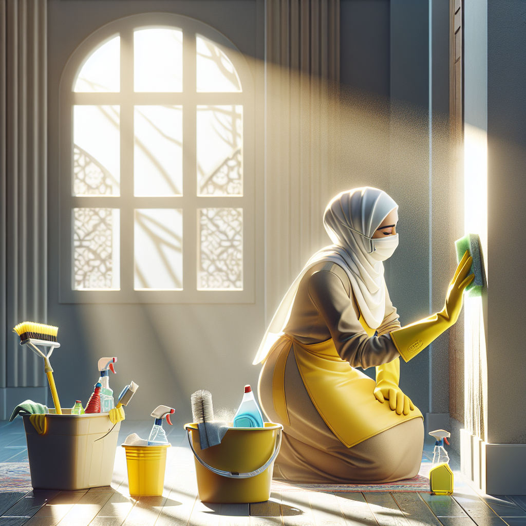 A person wearing yellow rubber gloves and a white protective mask, actively scrubbing a floor or wall in a well-lit room. A bucket of cleaning solution and various cleaning brushes are visible. Sunlight streams through a window, symbolizing freshness and cleanliness. The area being cleaned looks significantly cleaner and brighter than before. Emphasize diligence and the act of thorough cleaning. High detail, photorealistic.