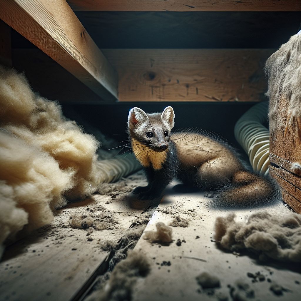 A close-up, realistic photo depicting subtle signs of marten presence in a dusty, dimly lit corner of an attic or garage. There are faint, dark smudges or dried spots on wood or insulation, suggesting urine or droppings. The overall atmosphere should convey a sense of a lingering, unpleasant animal odor, with a slightly gritty, neglected feel. No actual marten visible.
