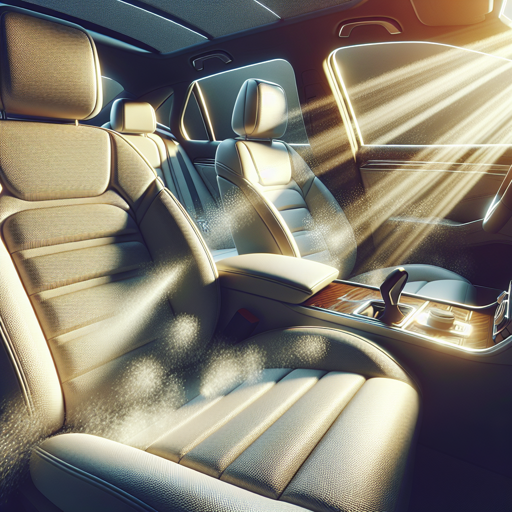 A bright, inviting, and impeccably clean car interior. Sunlight streams through the windows, highlighting dust-free surfaces and fresh-smelling upholstery. The scene should evoke a sense of complete freshness and the successful elimination of any unpleasant odors, with an emphasis on cleanliness and comfort. Realistic, clean aesthetic.