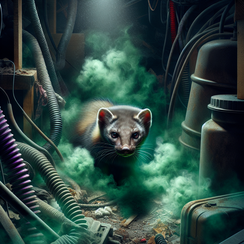 A detailed, slightly menacing illustration of a sneaky European pine marten (Marder) hidden in the dark, cluttered corner of a dusty attic or tangled car engine bay. Overwhelming, visible green and purple noxious odor fumes intensely emanate from its presence, creating a strong sense of 'Gestank' and discomfort. The atmosphere is oppressive, dirty, and a bit eerie, suitable for a blog article about removing foul odors, high resolution.