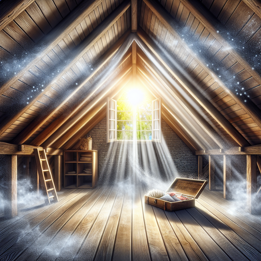 A bright, clean, and refreshing interior shot of a previously marten-infested space, like an attic or garage. Natural sunlight streams through a window, illuminating pristine wooden beams and a visible sense of fresh, clean air, perhaps with subtle, delicate white wisps representing a pleasant scent. The space is immaculate, conveying relief and the complete absence of bad odors, symbolizing successful odor removal. Blog article style, inviting, high resolution.