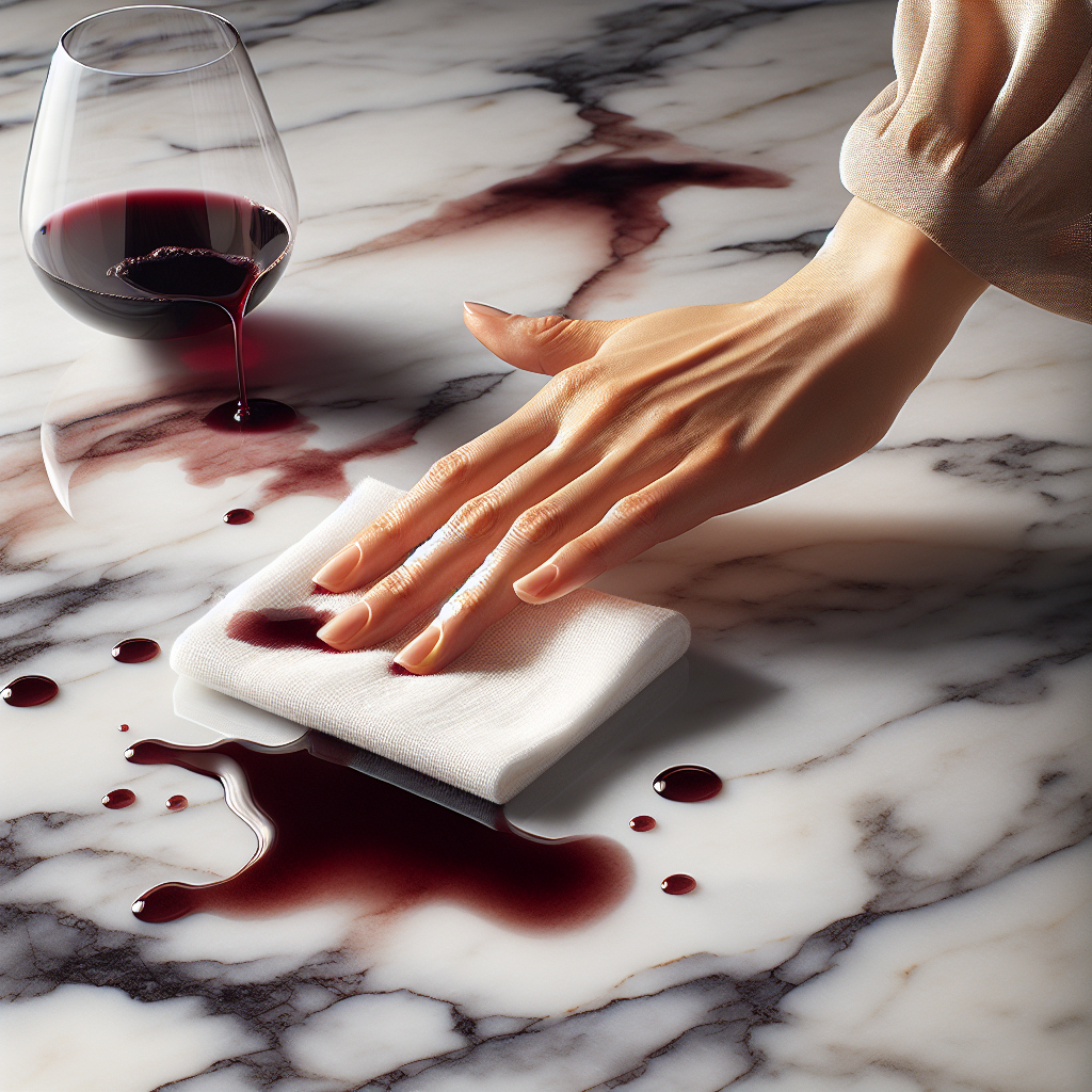 A close-up of a luxurious white marble countertop with a fresh, dark red wine spill. A hand is reaching in with a soft, absorbent cloth, ready to gently blot the stain. Soft natural light, high detail, emphasizing the urgency and delicate beauty of the marble.