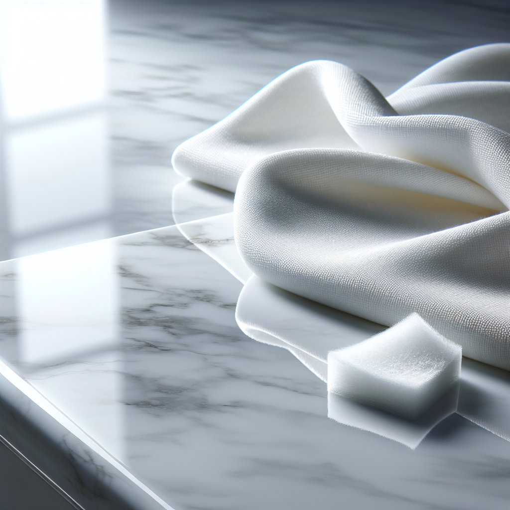 A pristine, gleaming white marble surface, sparkling and flawless, reflecting a soft glow. A clean, folded white microfiber cloth rests gently on the corner, subtly hinting at effective, safe cleaning. Elegant, high-resolution, soft studio lighting, conveying restored beauty and perfection.