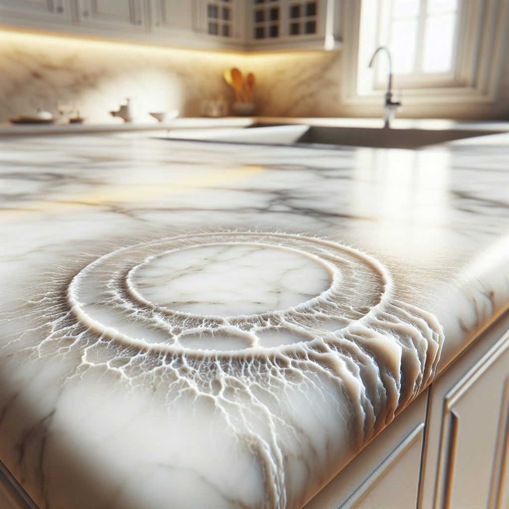 A high-resolution, realistic close-up photo of a luxurious white marble kitchen countertop, marred by distinct, dull, light-colored water stains and visible mineral rings from dried water. The elegant surface shows the unsightly contrast, with a subtle focus on the porous texture of the marble, implying the common problem of water damage.