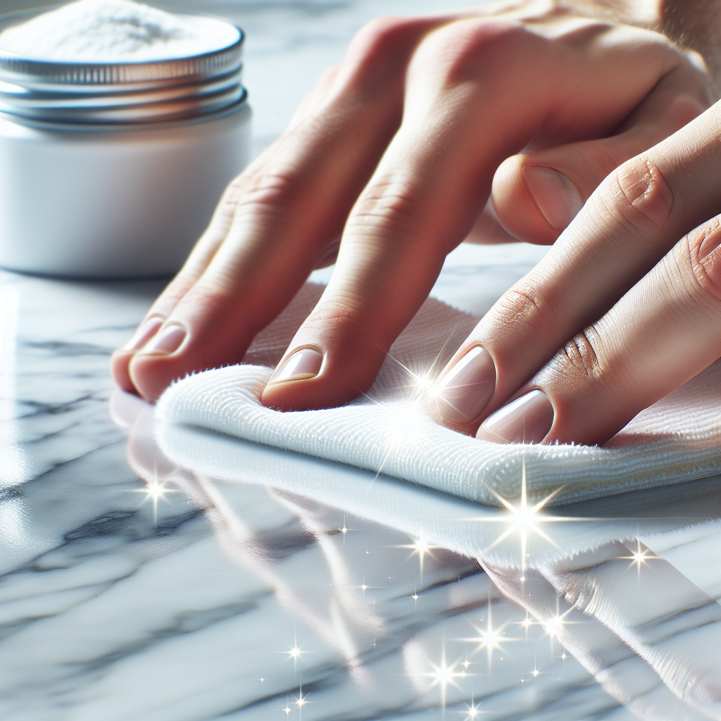 A close-up, bright and realistic photo of hands gently polishing a clean white marble surface with a soft microfiber cloth. One section of the marble is visibly sparkling and free of stains, reflecting light, while a small, blurred container of baking soda or a neutral cleaning product is softly visible in the background, symbolizing the effective solution.